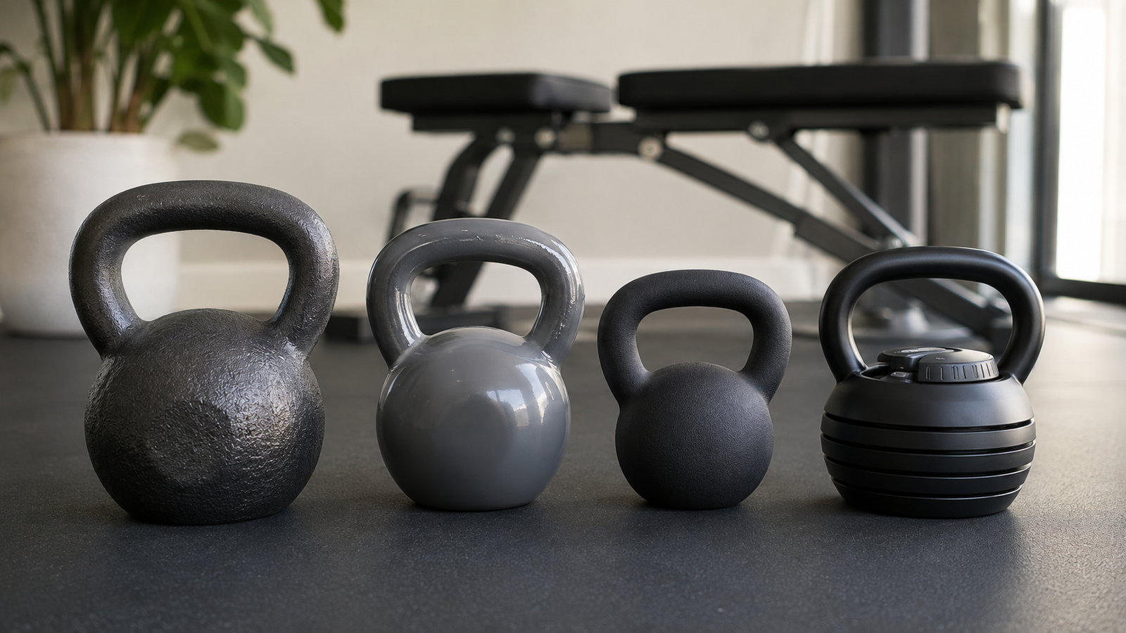 Fixed kettlebells in several weights beside an adjustable kettlebell in a clean home gym