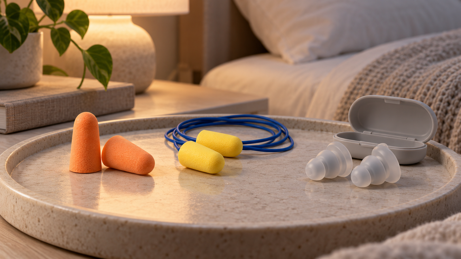 Unbranded comparison of foam and silicone earplugs on a neutral editorial product display