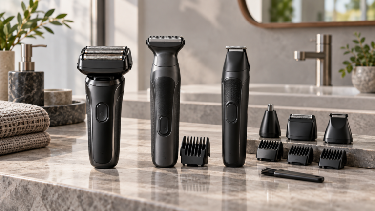 Unbranded comparison of foil shaver and body groomer and multi-grooming kit on a neutral editorial product display
