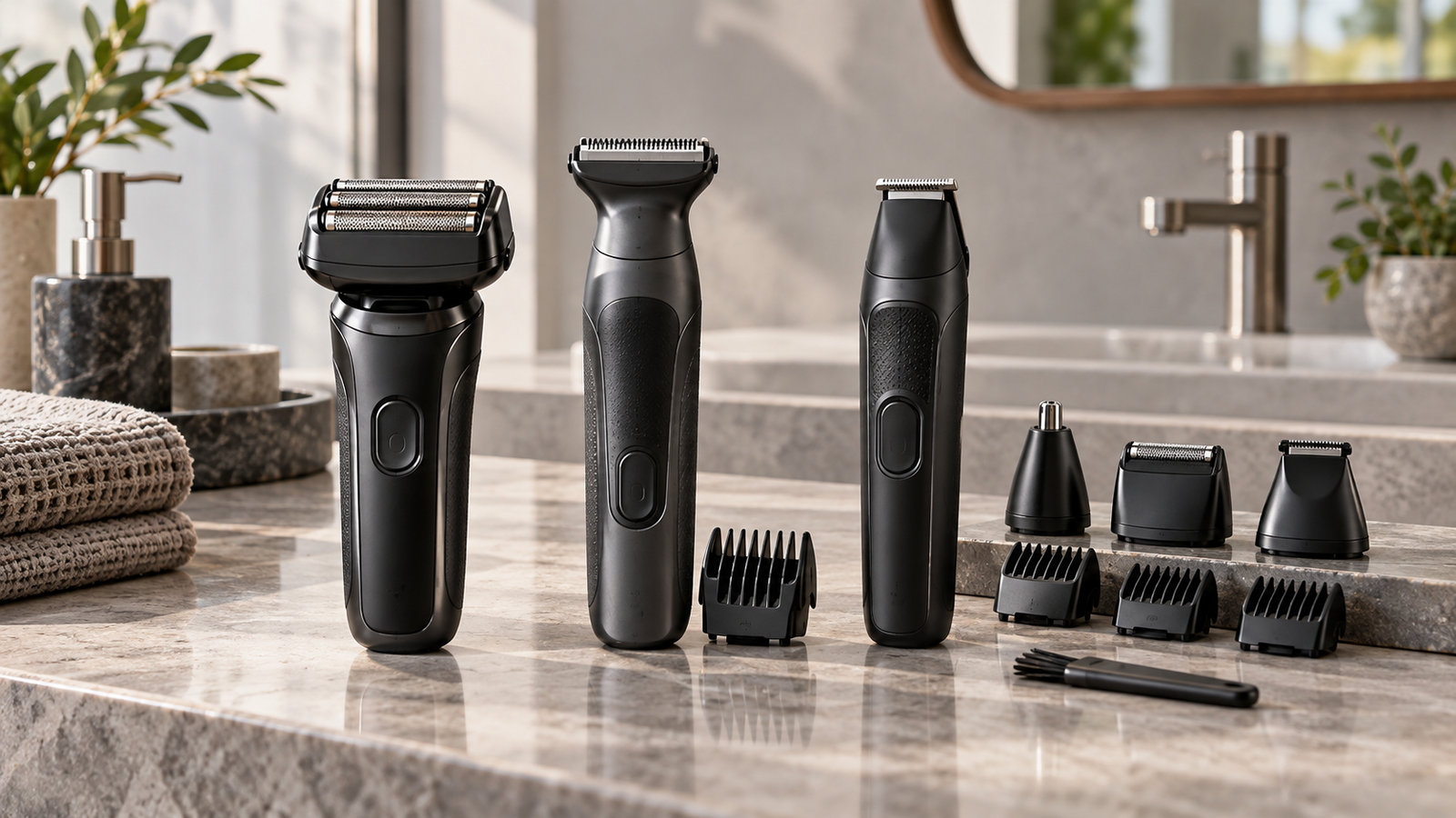 Unbranded comparison of foil shaver and body groomer and multi-grooming kit on a neutral editorial product display