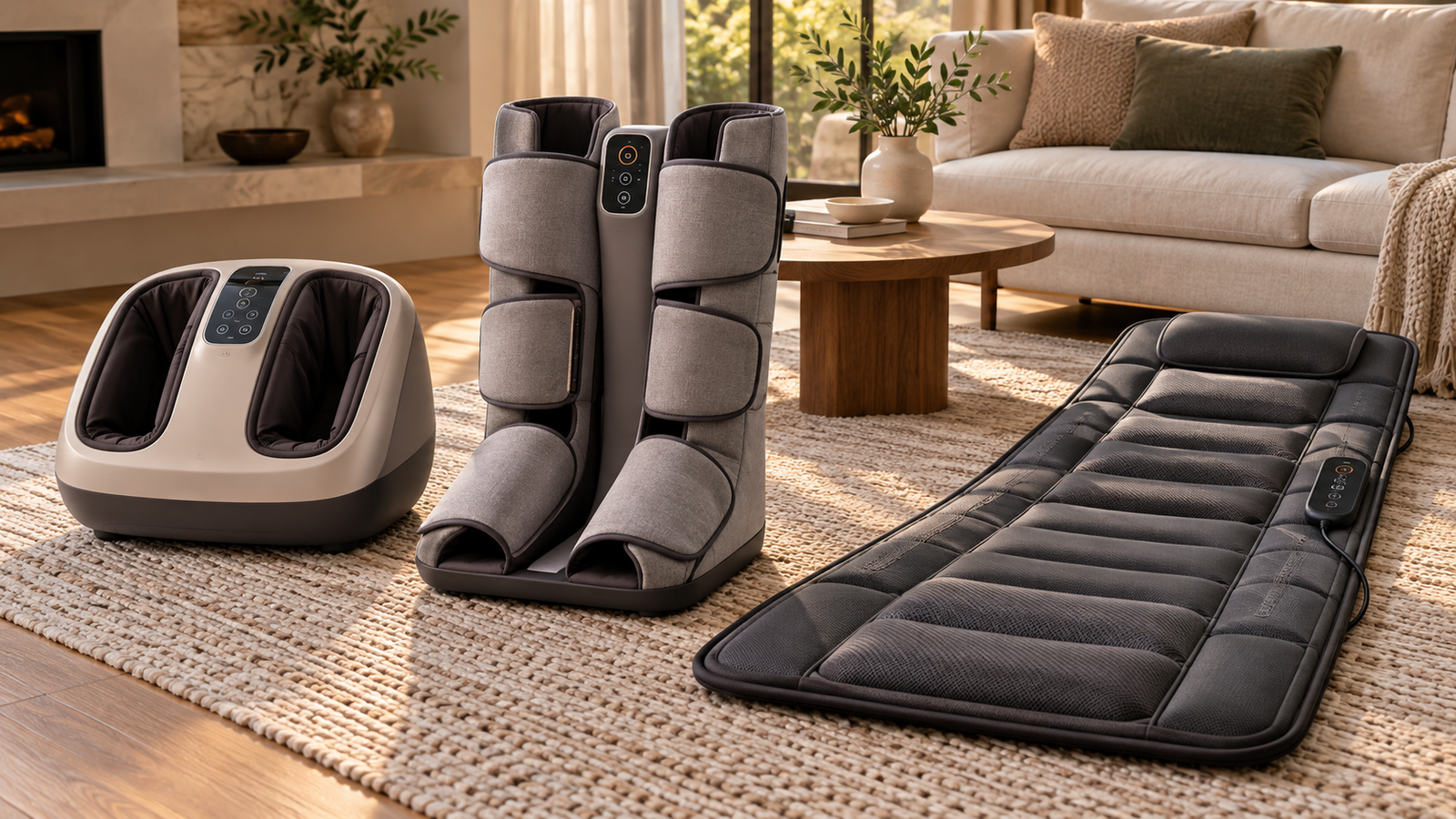 Unbranded comparison of foot massager and leg compression device and massage mat on a neutral editorial product display
