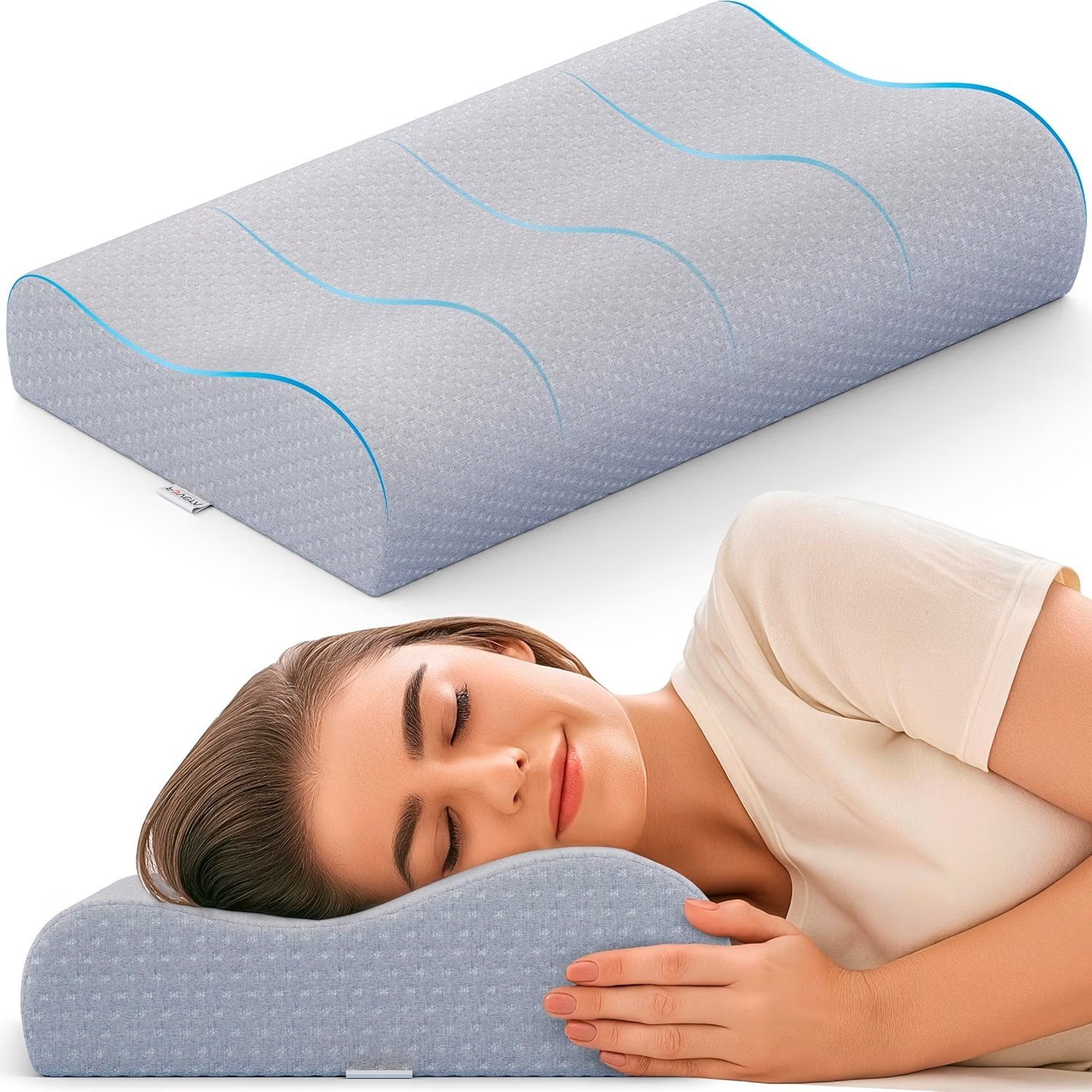 FOVERA Cervical Pillow King 24 x 15 x 4.5 Inch Grey Jacquard