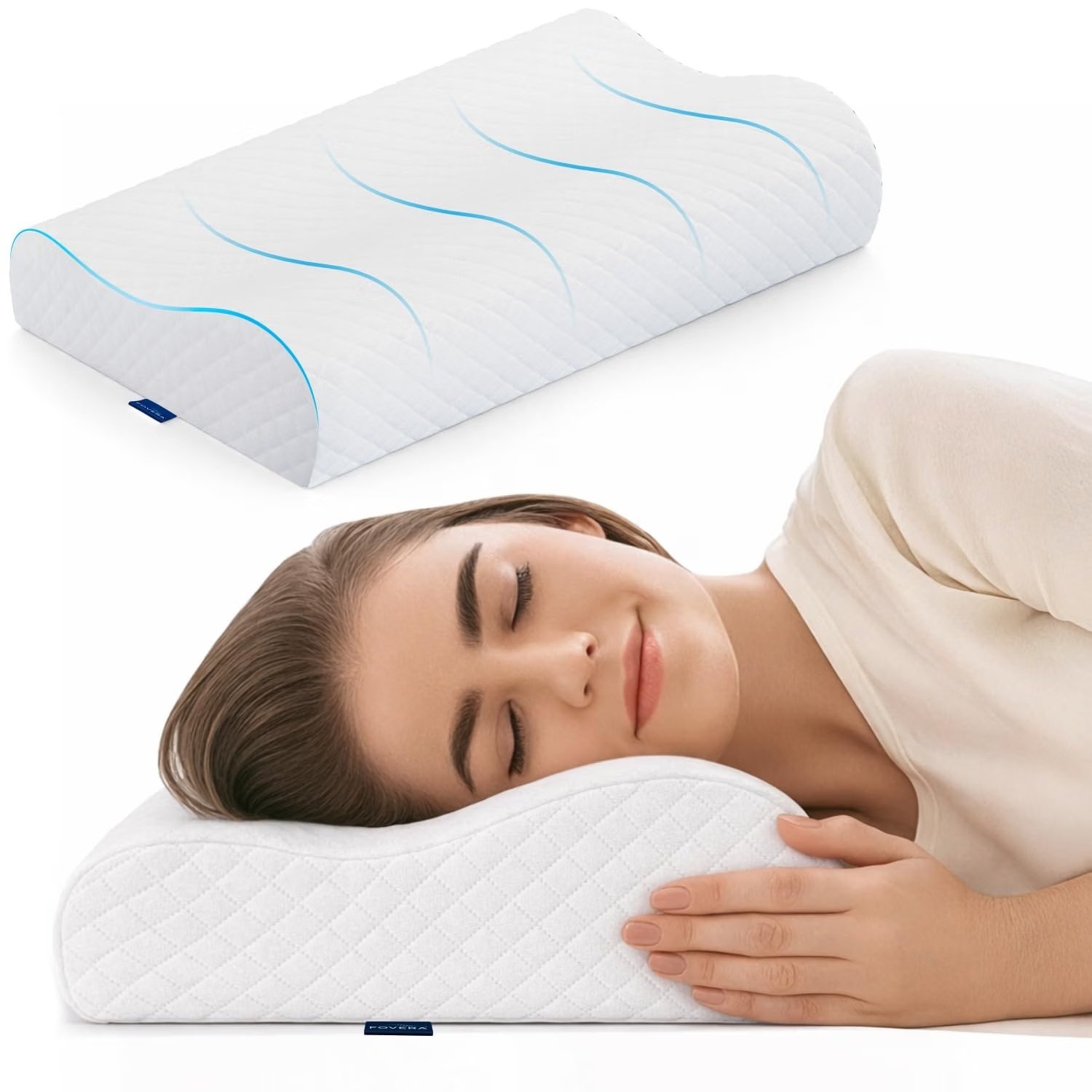 FOVERA Cervical Pillow Queen 21 x 13 x 4 Inch White Jacquard