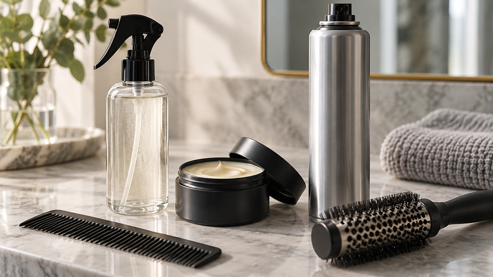 Heat protectant mist, hair wax and hairspray with styling comb and brush
