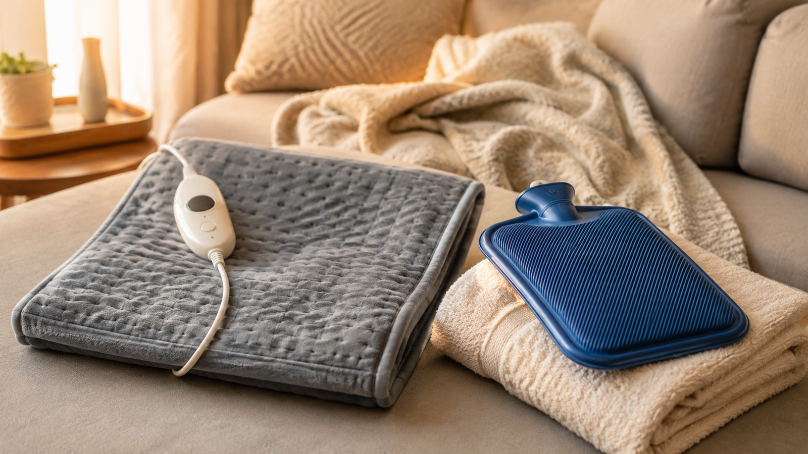 Unbranded flexible electric heating pad beside an electric hot water bag on a neutral sofa