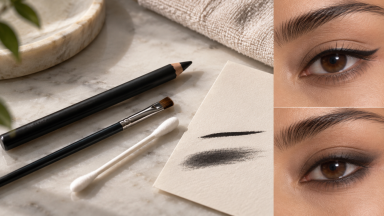 Black kajal pencil with precise and softly blended eyeliner swatches