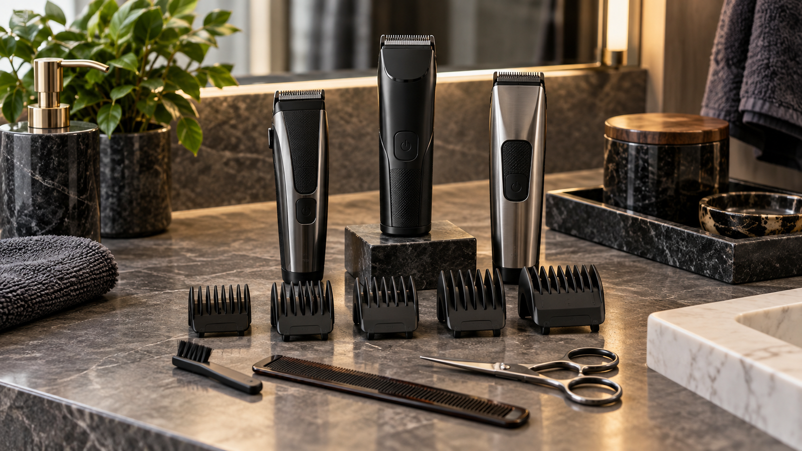 Beard trimmers with different guard combs and grooming accessories