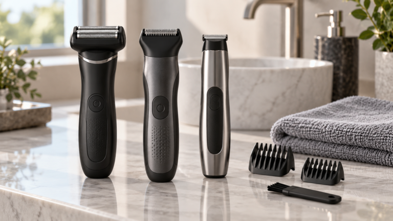 Unbranded comparison of how to choose a body groomer on a neutral editorial product display