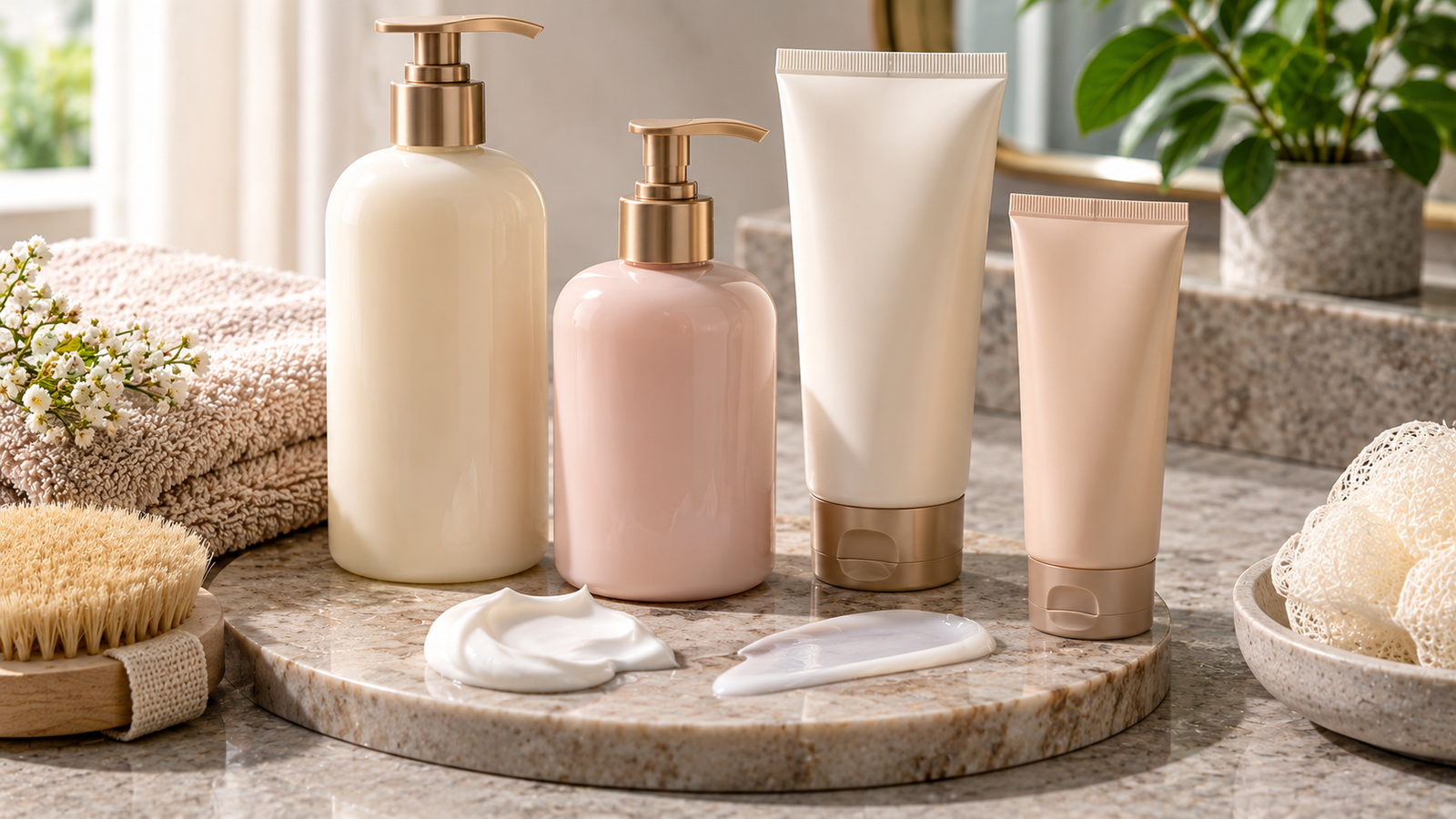 Body lotion bottles and tubes with cream texture swatches on a neutral vanity
