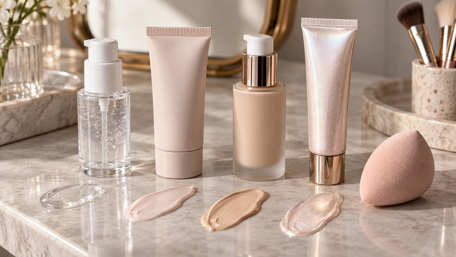 Unbranded face primers with gripping gel, matte and luminous texture swatches
