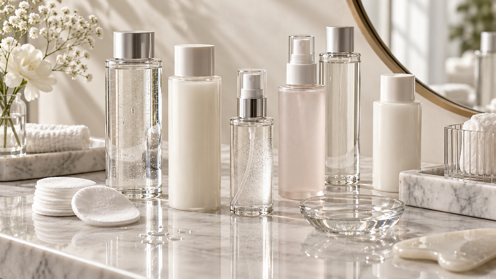 Unbranded face toner bottles with cotton pads and skincare textures on a neutral vanity