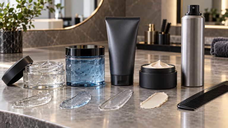 Unbranded comparison of how to choose hair gel on a neutral editorial product display