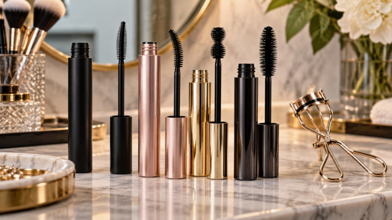 Different mascara wand shapes beside unbranded mascara tubes and an eyelash curler