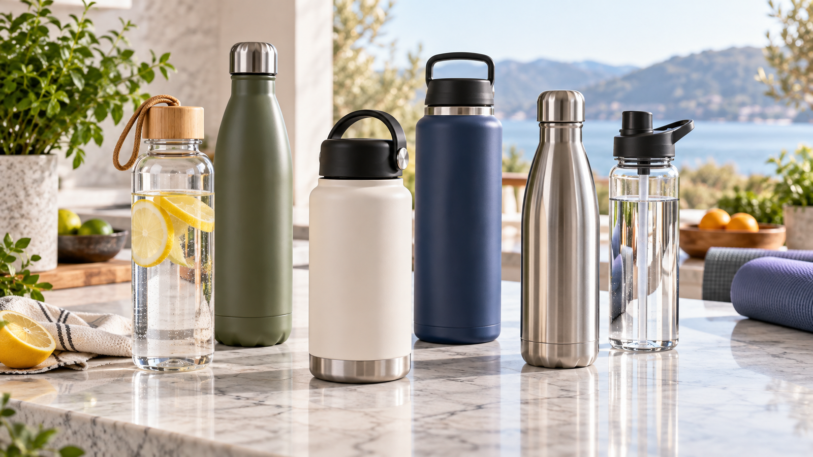 Reusable water bottles in different materials and sizes on a bright countertop