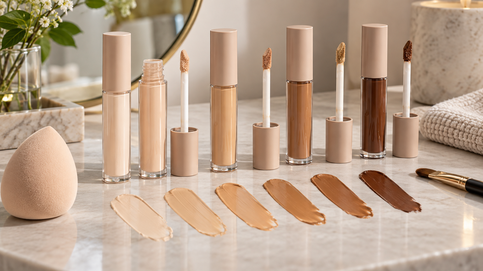 Unbranded concealers with skin-tone swatches, makeup sponge and brush