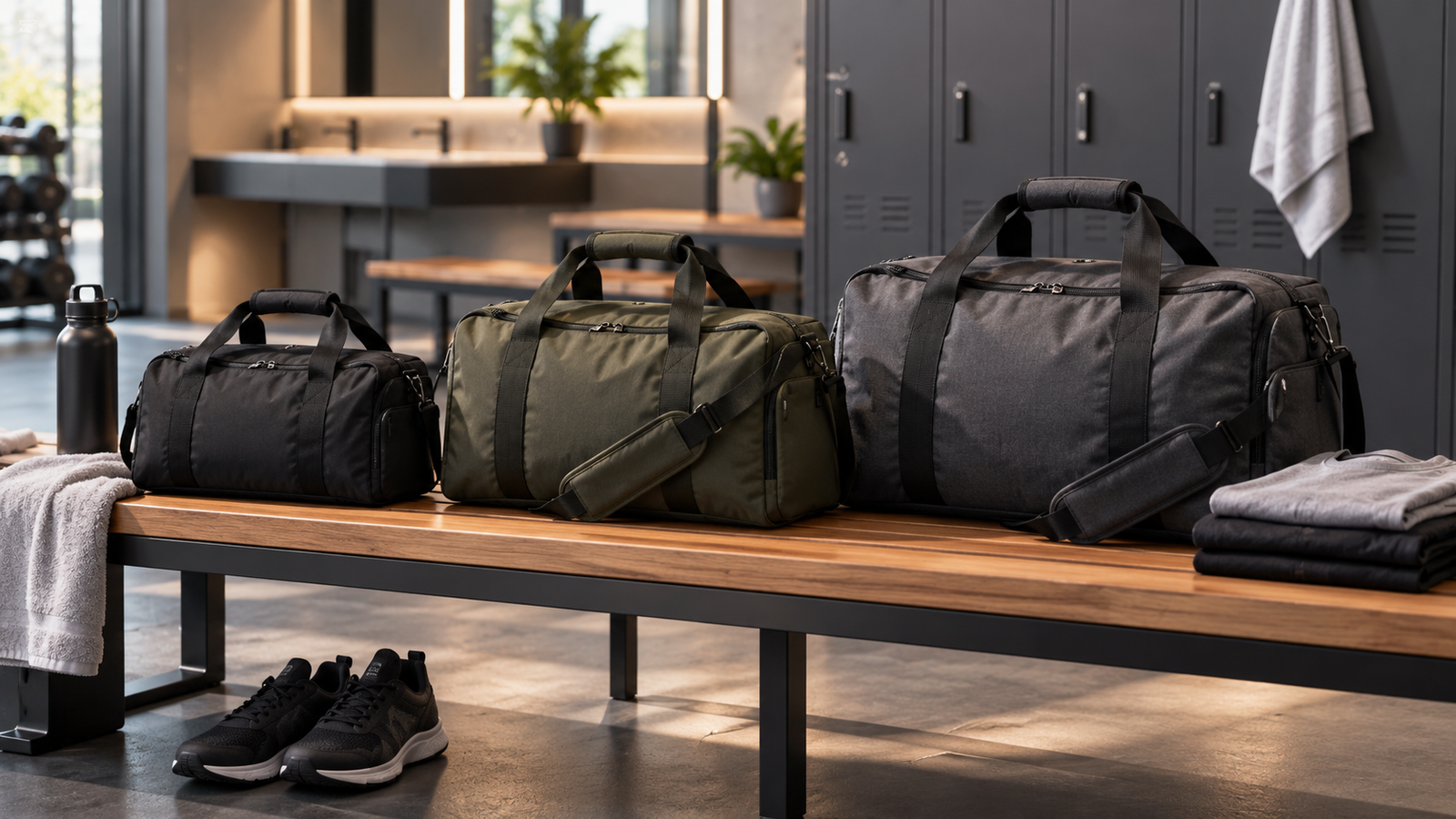 Compact, medium and large gym bags with typical workout gear in a locker room
