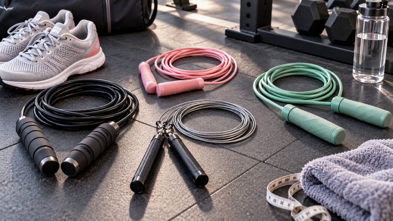 Different skipping ropes with training shoes and measuring tape on a gym floor