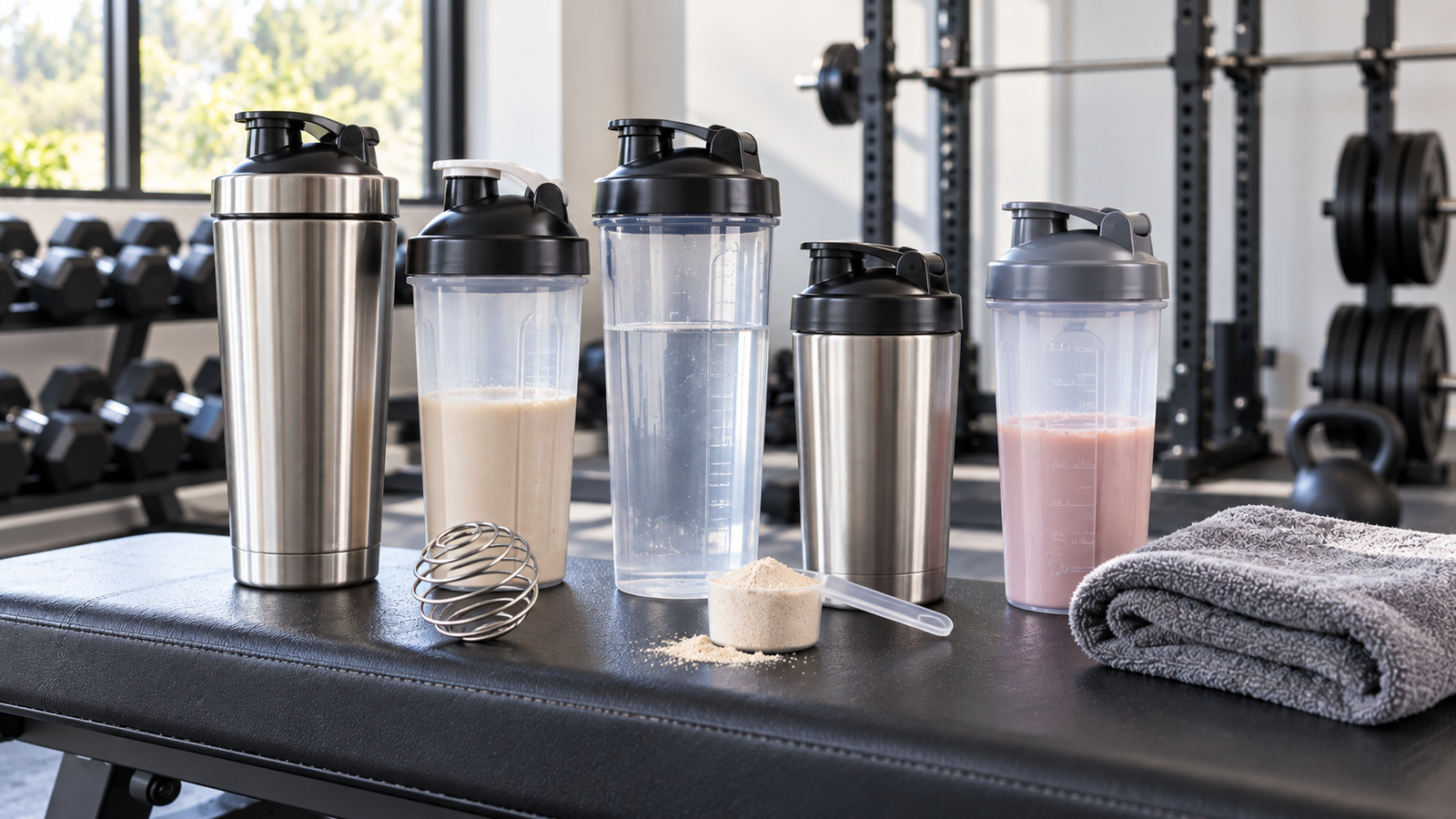 Stainless-steel and plastic shaker bottles with mixing ball, scoop and gym towel