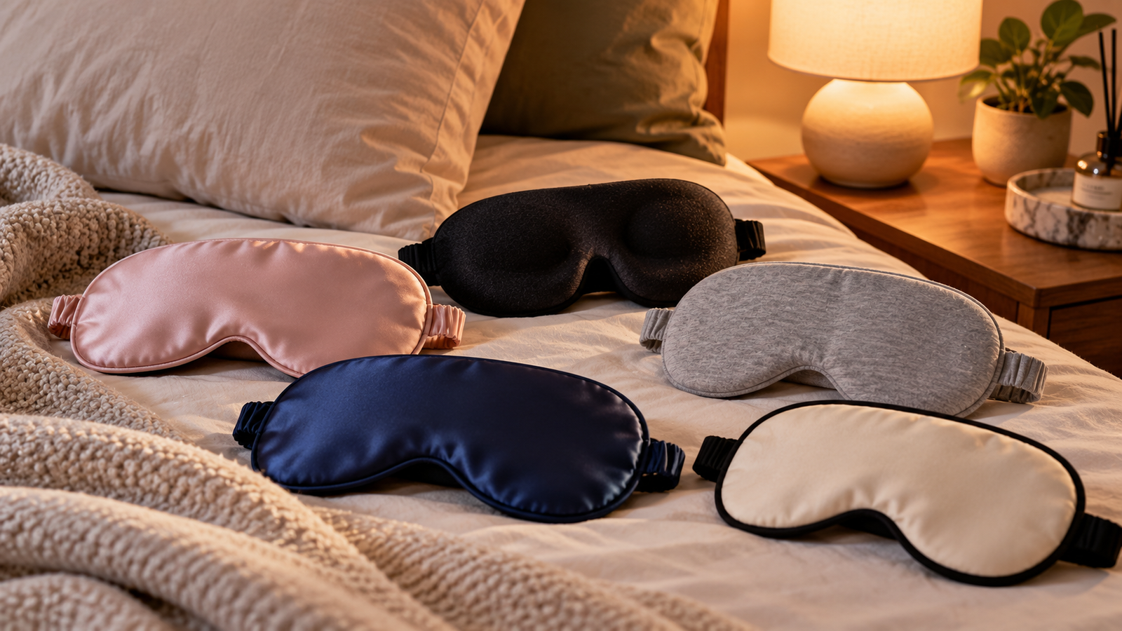 Different sleep mask designs arranged on soft bedding beside a bedside lamp