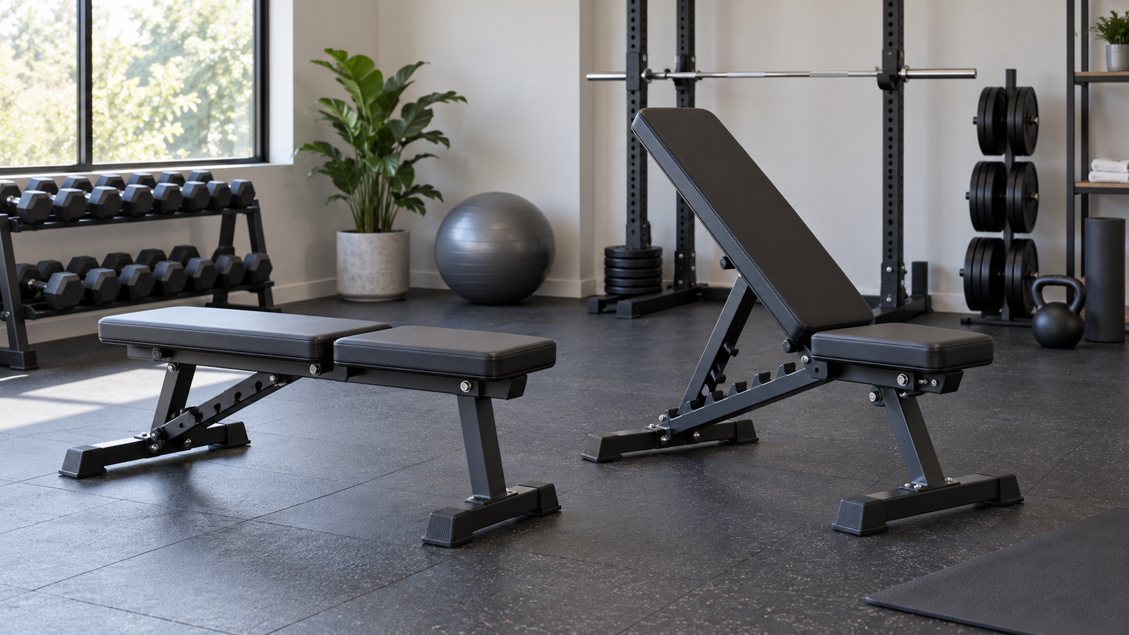 Adjustable weight bench in a clean home gym with dumbbells and weight plates