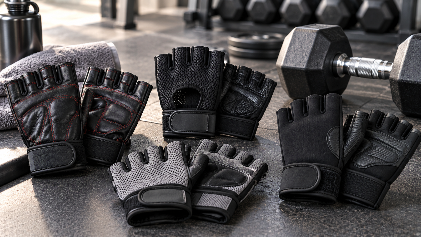 Different workout glove styles with palm padding and wrist closures beside a dumbbell