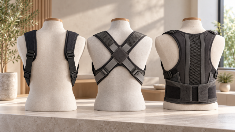 Unbranded comparison of how to fit a posture corrector on a neutral editorial product display