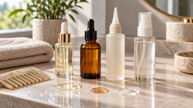 Unbranded comparison of how to read hair-growth serum labels on a neutral editorial product display