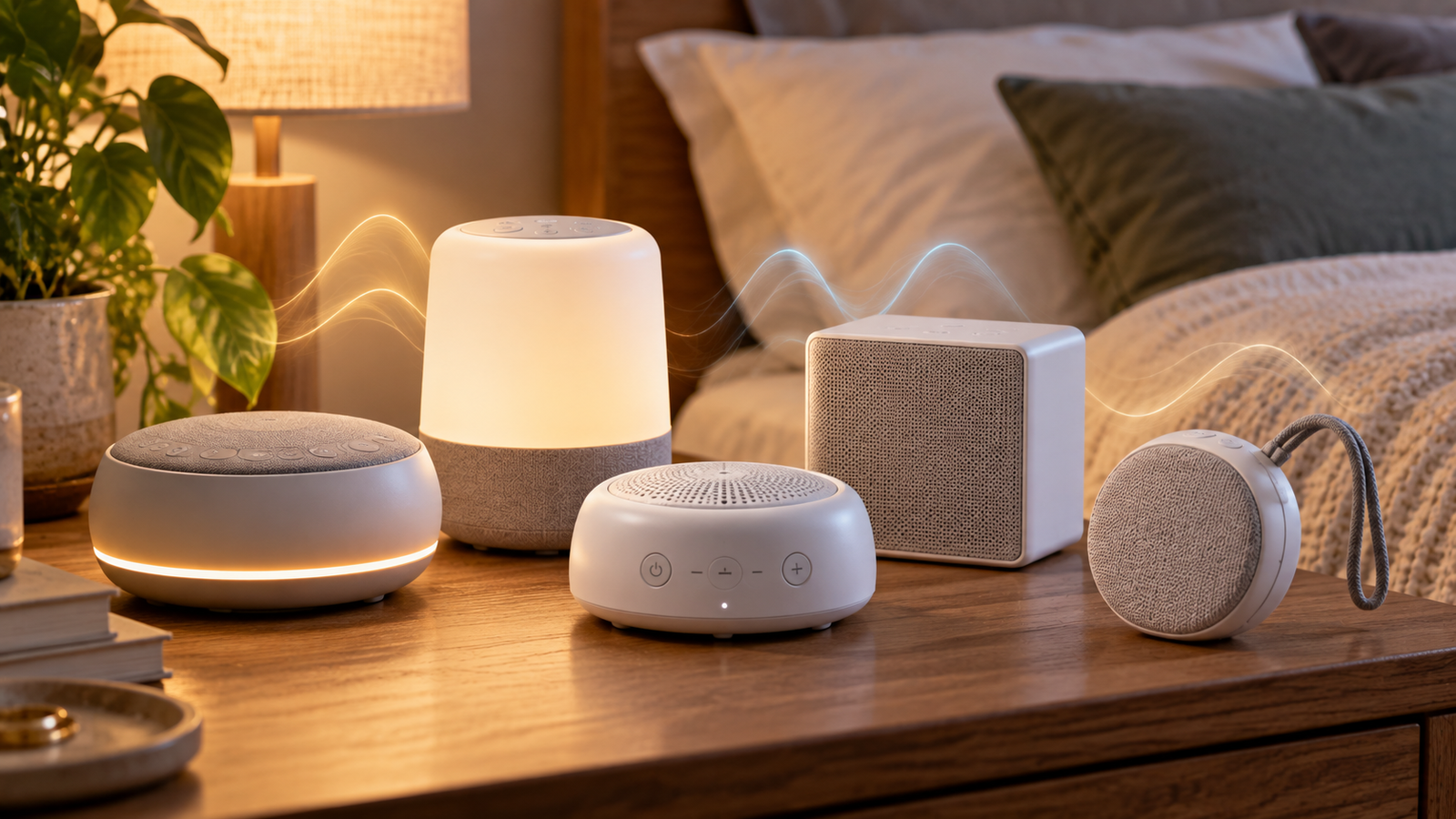 Compact white noise machines on a calm bedside table