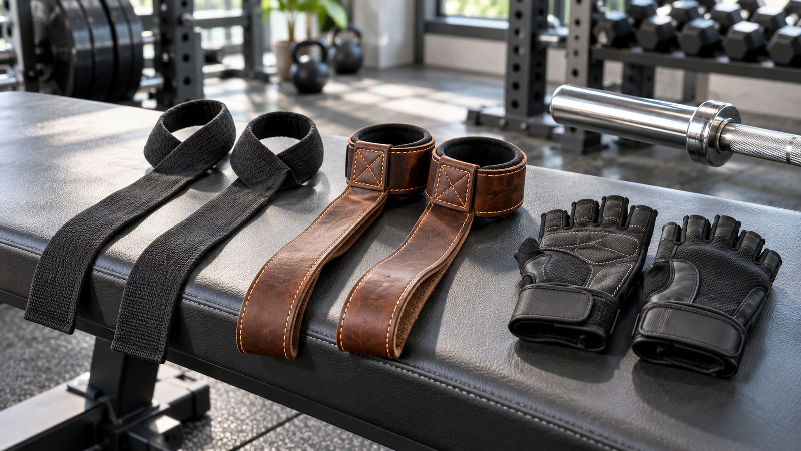 Unbranded comparison of lifting straps and gym gloves on a neutral editorial product display