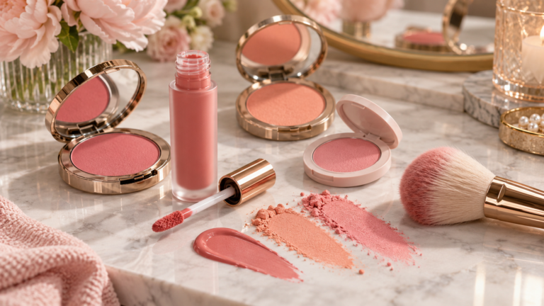 Liquid and powder blush formats with pink and peach makeup swatches