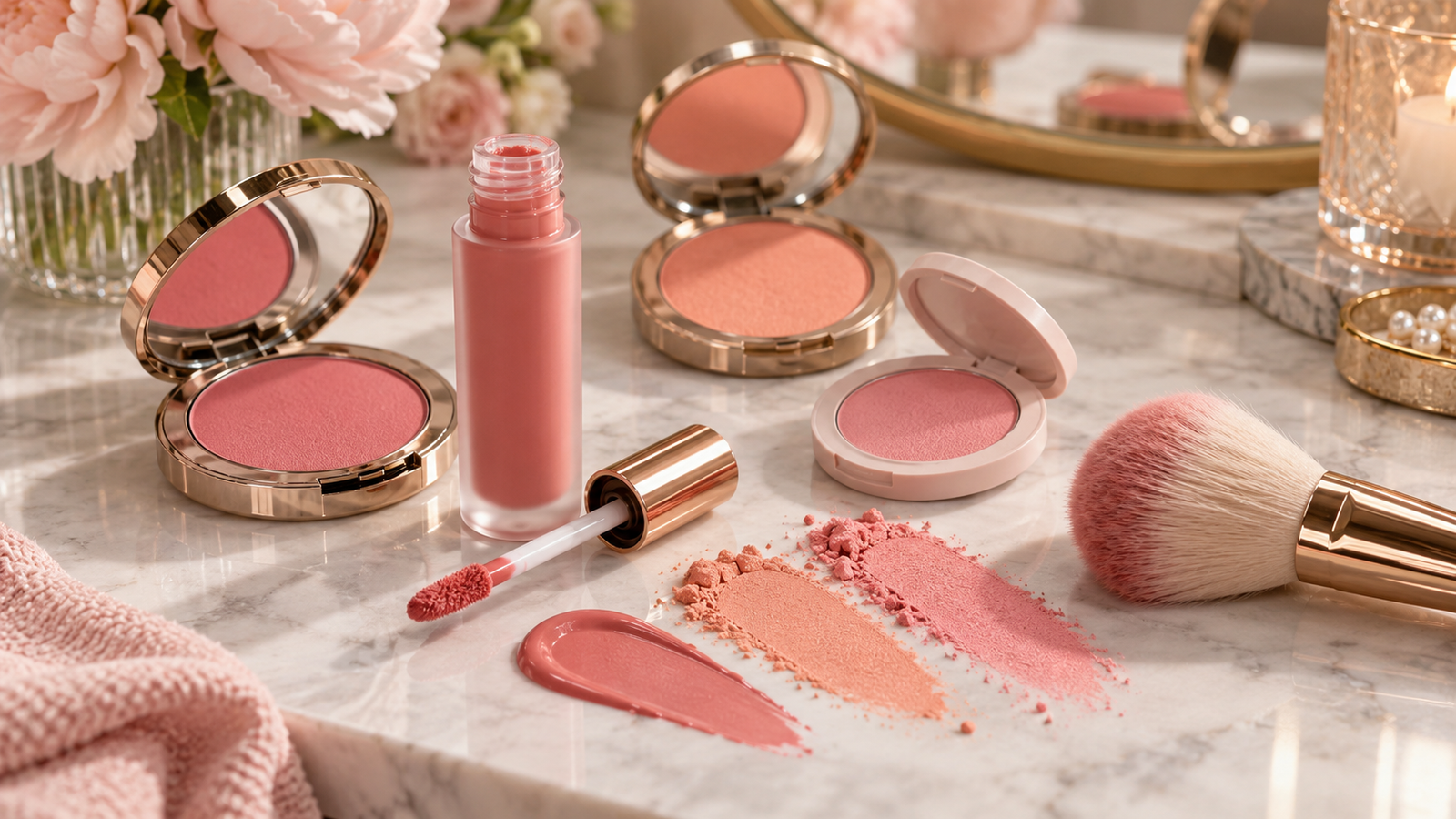Liquid and powder blush formats with pink and peach makeup swatches