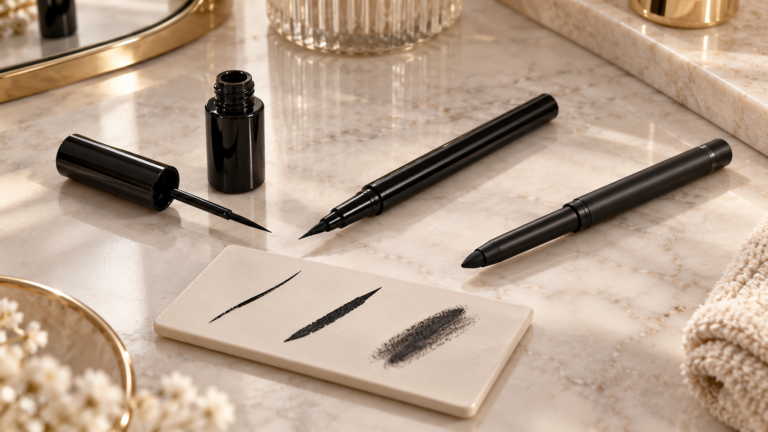 Unbranded comparison of liquid eyeliner and felt-tip pen and kajal on a neutral editorial product display