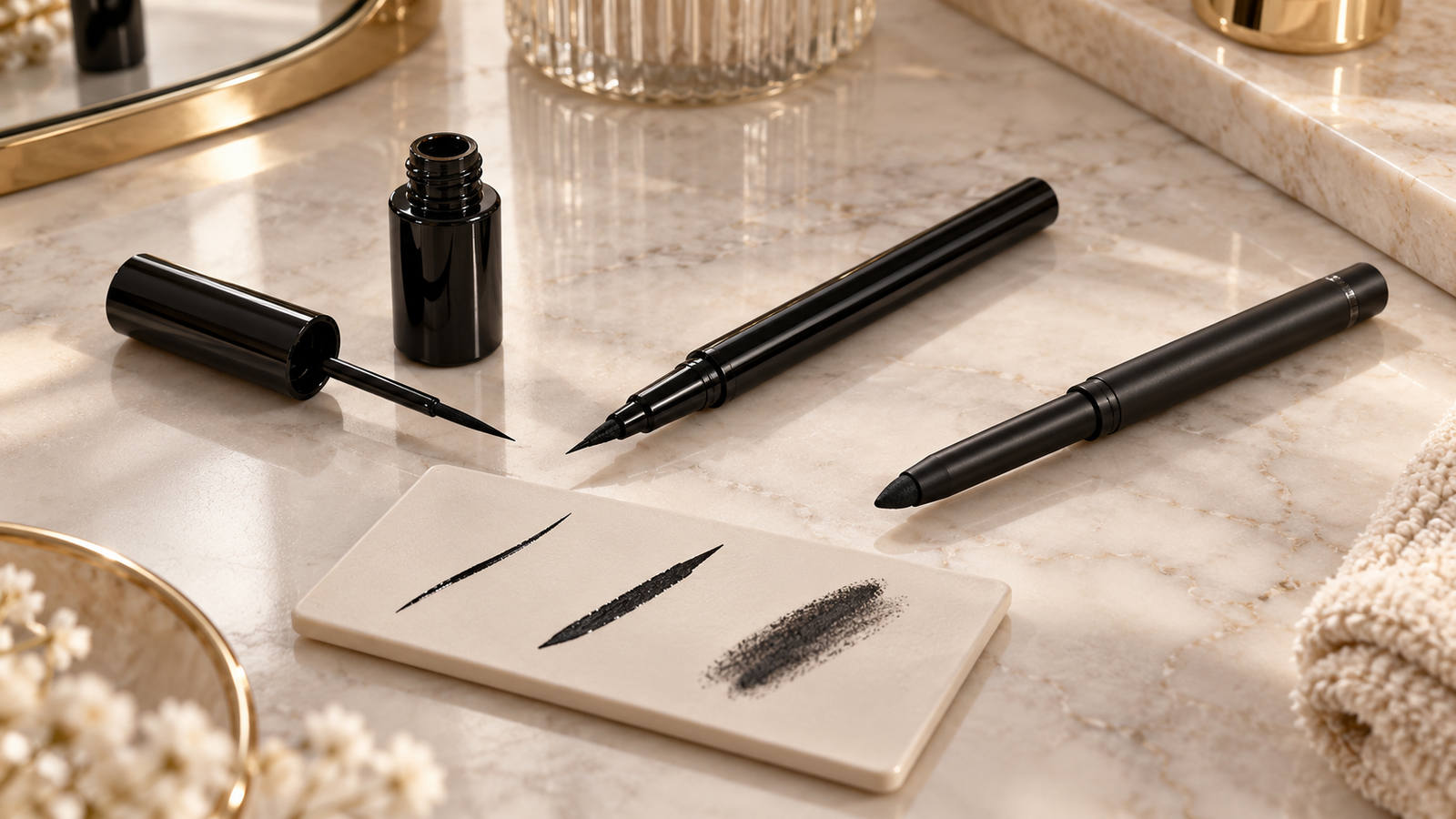 Unbranded comparison of liquid eyeliner and felt-tip pen and kajal on a neutral editorial product display