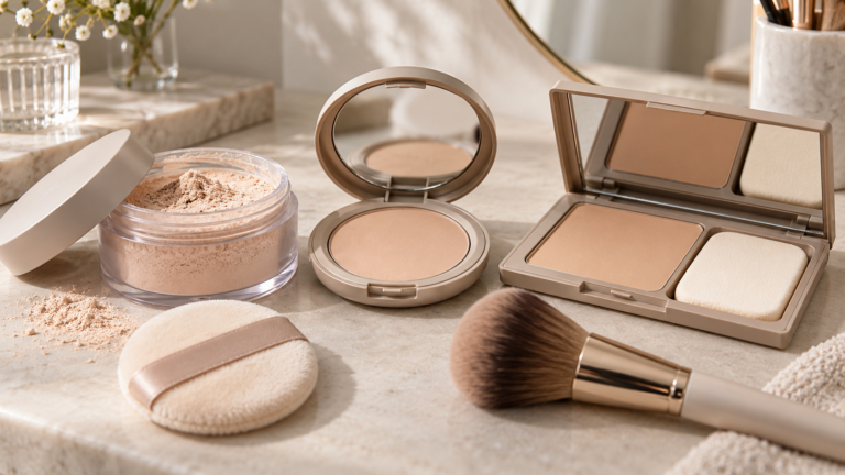 Loose powder, compact powder and powder foundation with puff and makeup brush