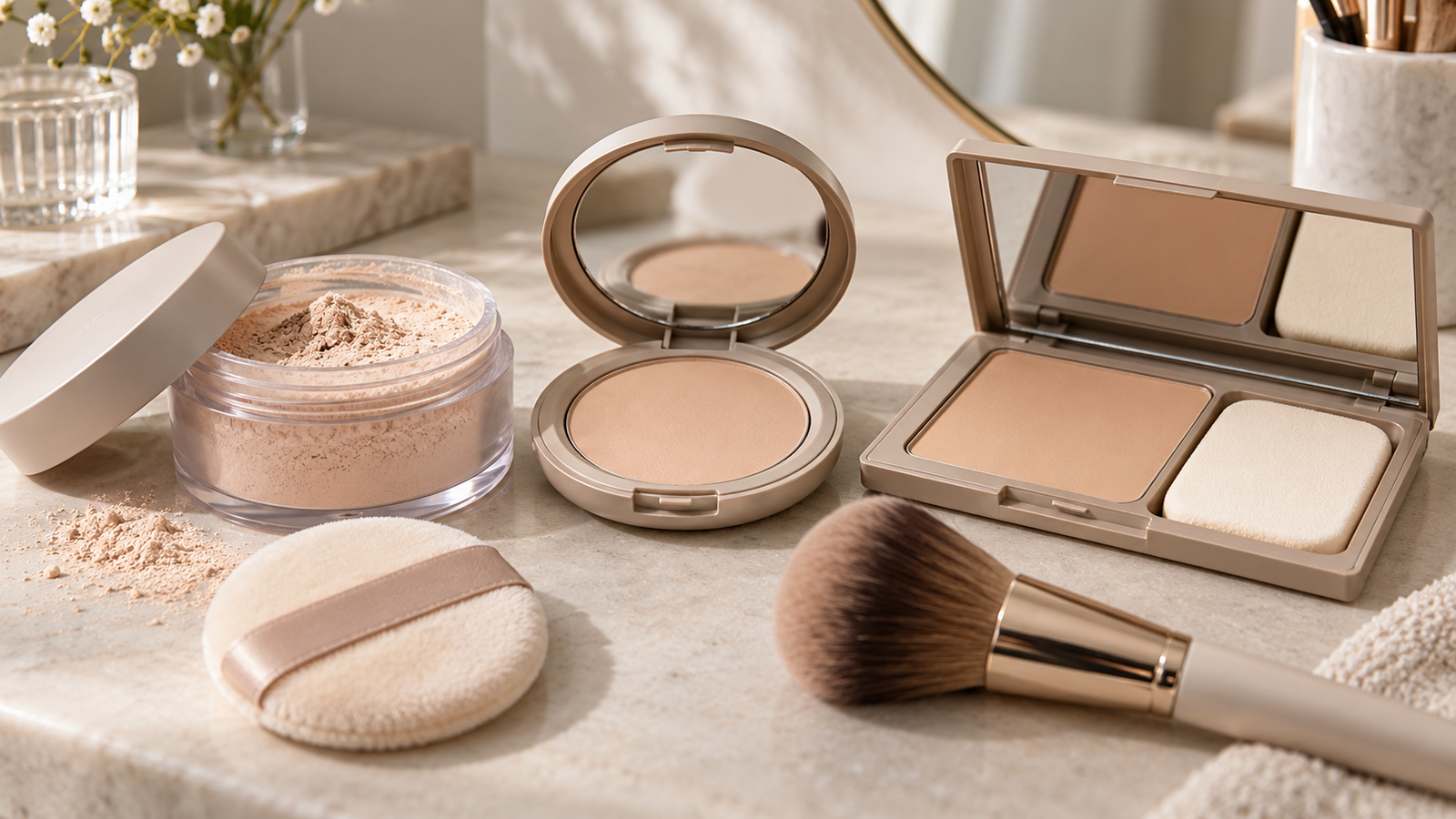 Loose powder, compact powder and powder foundation with puff and makeup brush