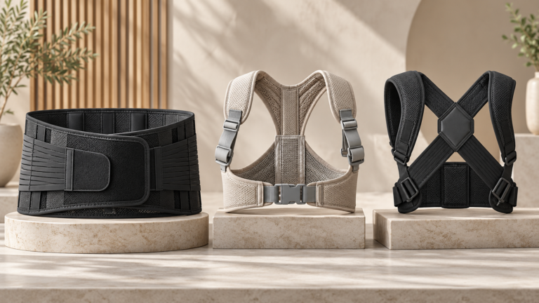 Unbranded comparison of lumbar belt and clavicle brace and posture corrector on a neutral editorial product display