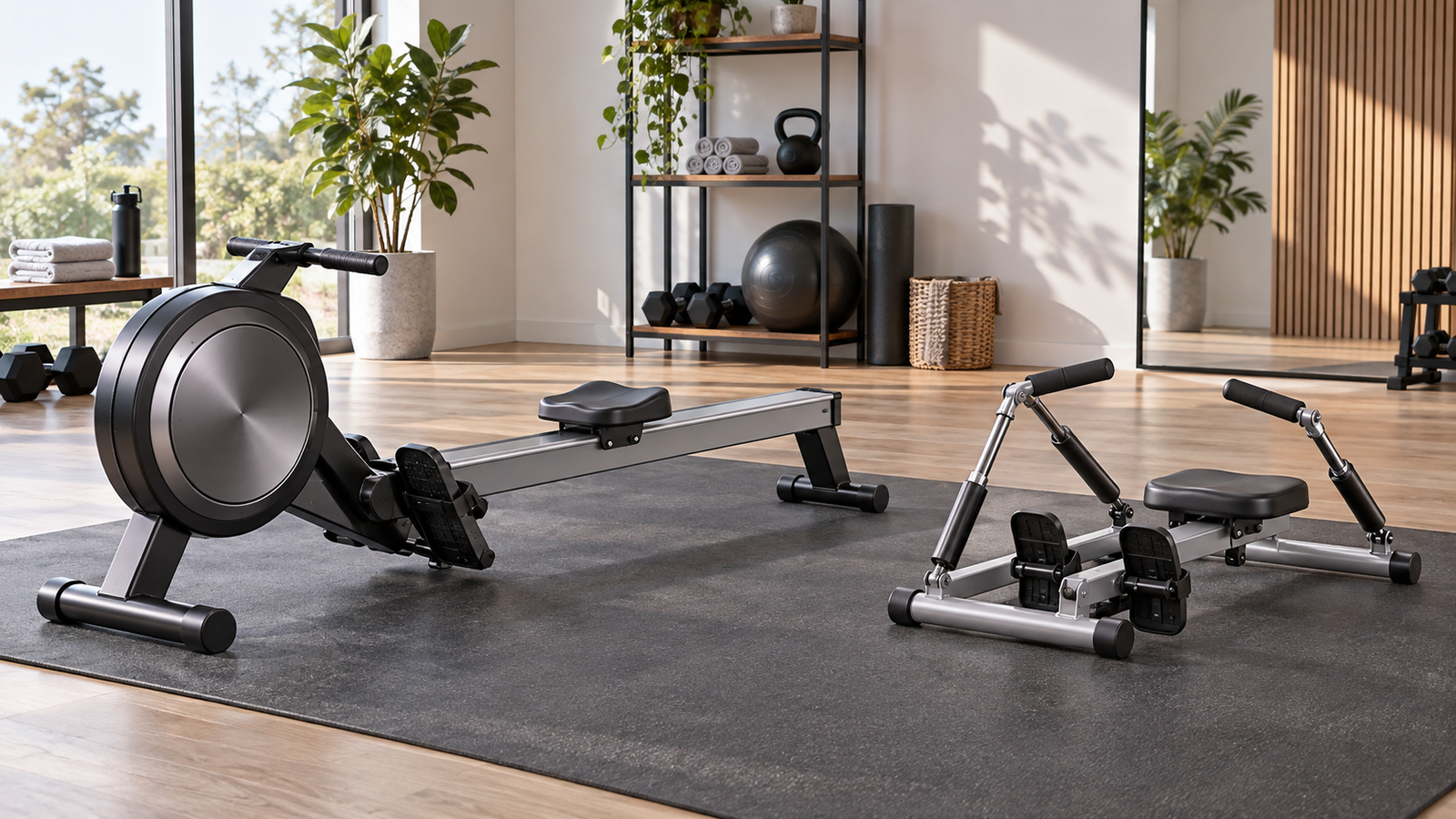 Magnetic and hydraulic rowing machines shown side by side in a modern home gym