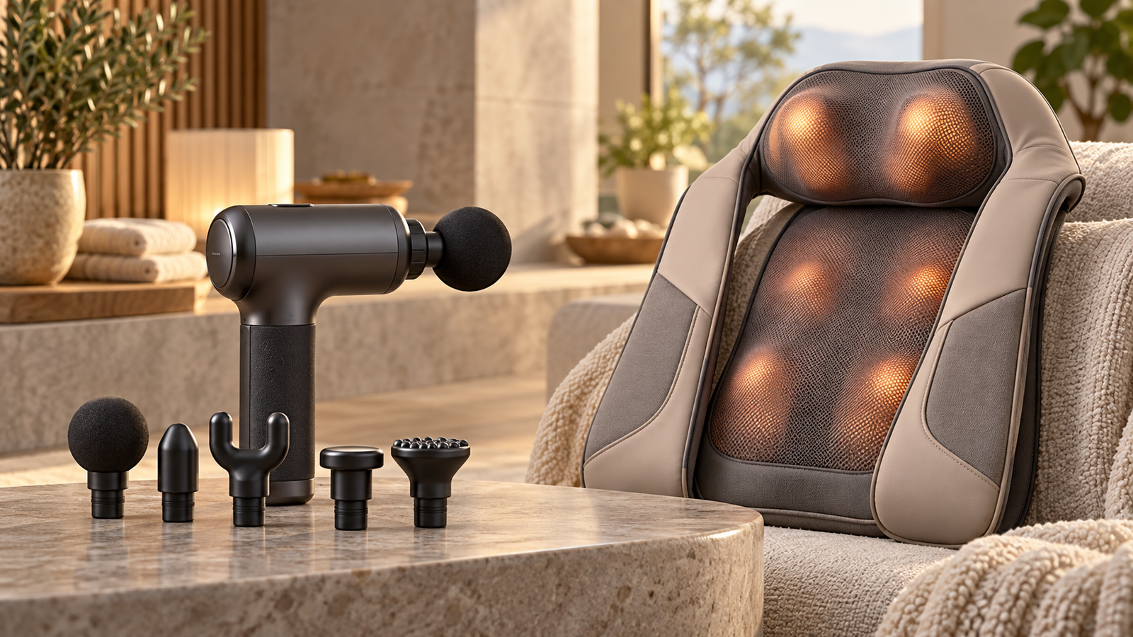 Unbranded percussion massage gun and Shiatsu neck-and-back massager compared in a calm wellness setting