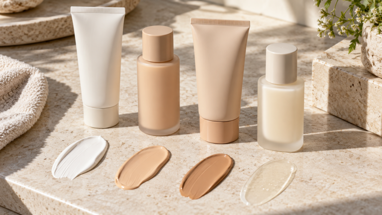 Unbranded comparison of mineral and tinted sunscreen on a neutral editorial product display