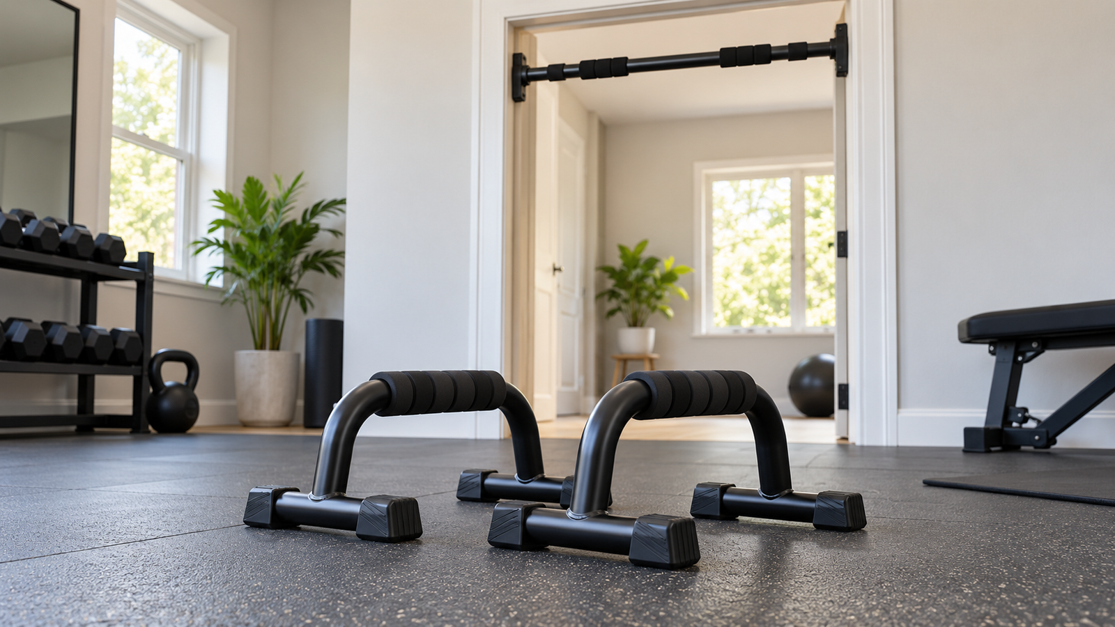 Unbranded comparison of push-up bars and pull-up bars on a neutral editorial product display