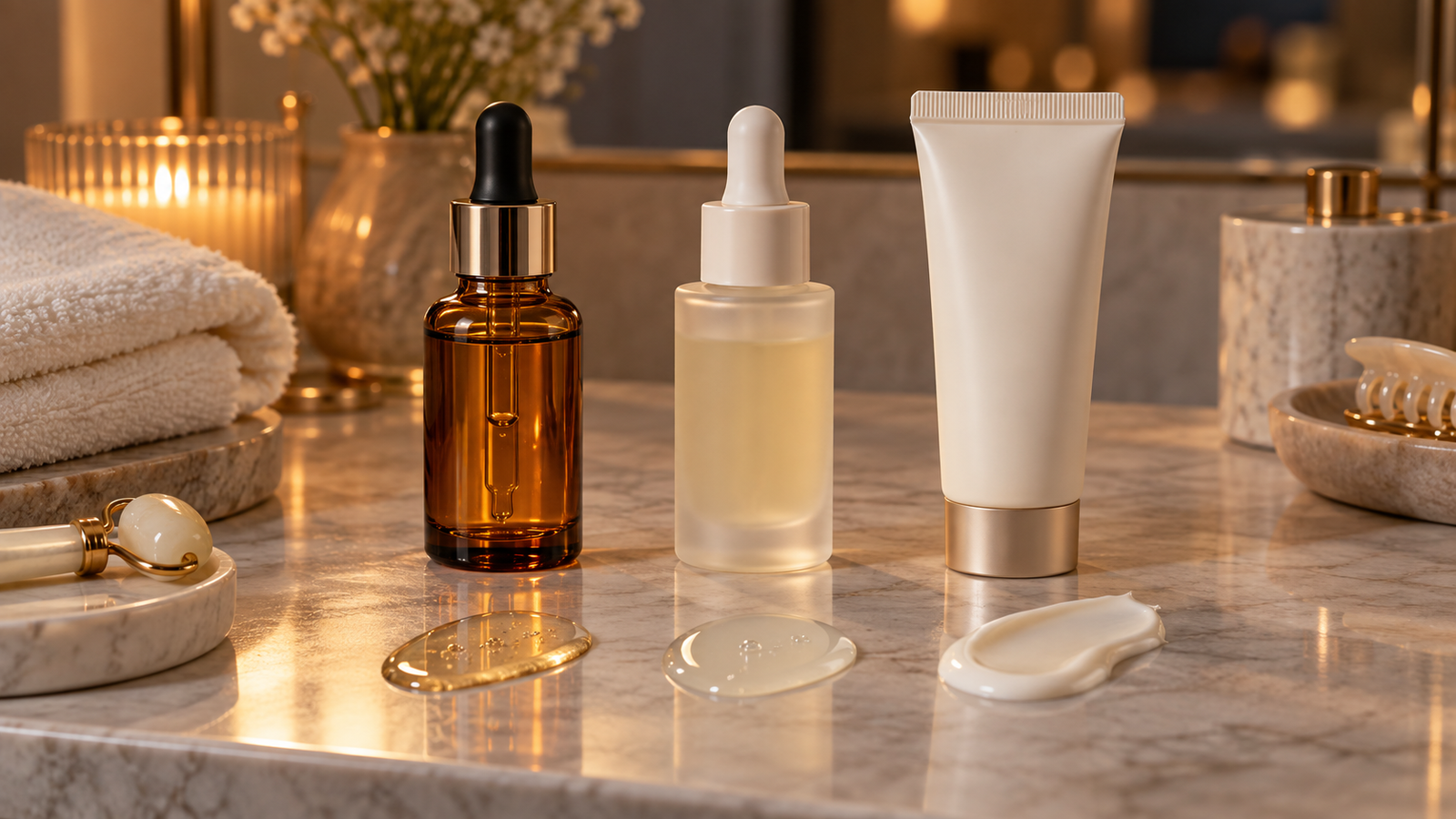 Unbranded comparison of retinol and retinal and granactive retinoid on a neutral editorial product display