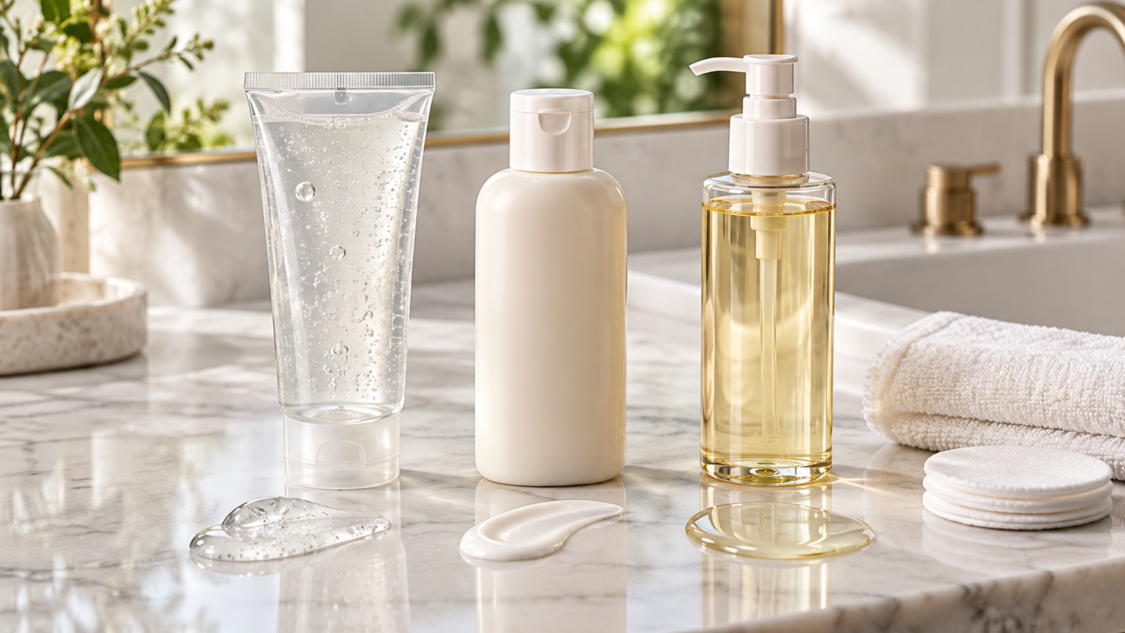 Unbranded comparison of salicylic acid face wash and gentle cleanser on a neutral editorial product display