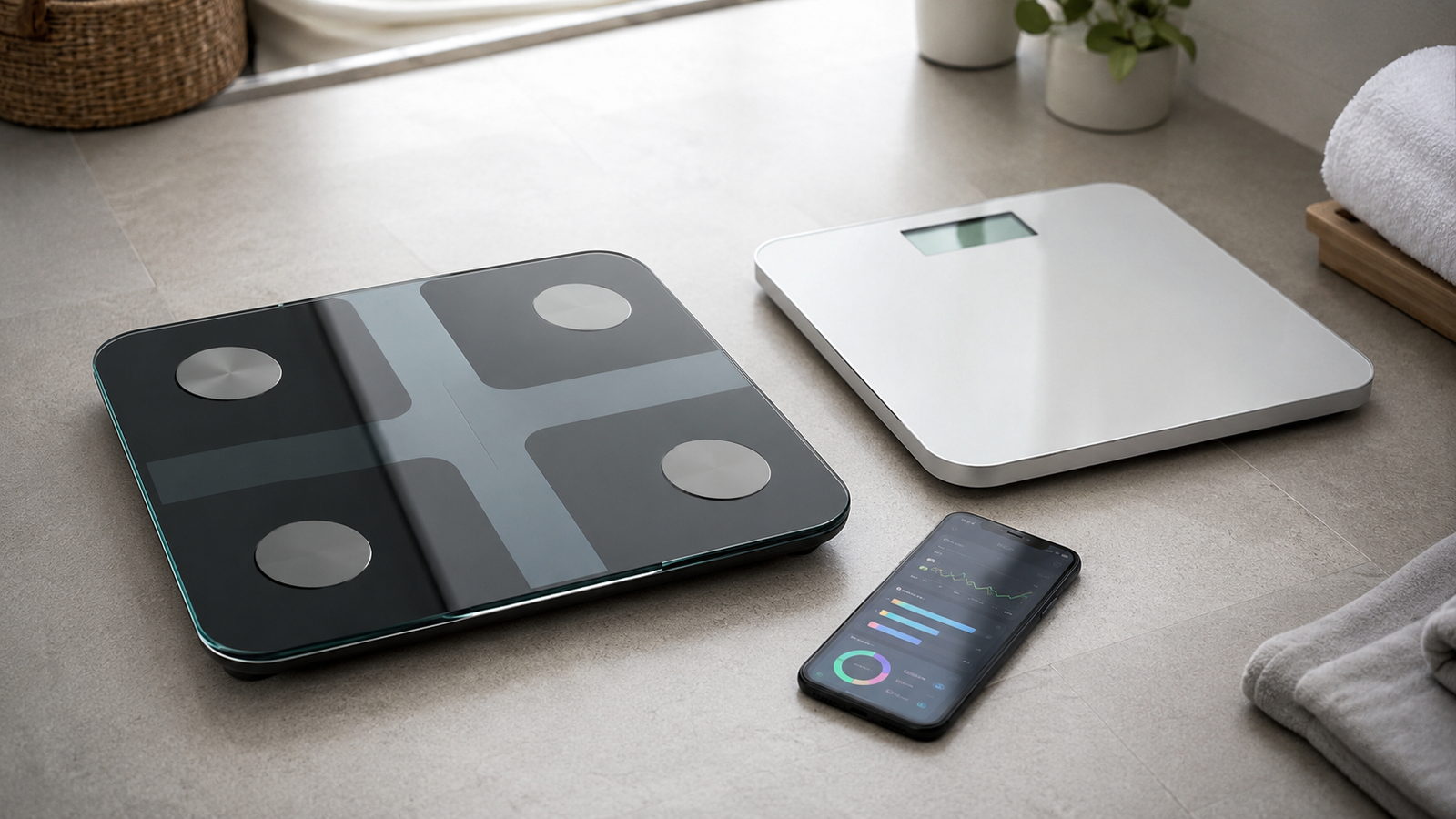Unbranded smart body composition scale beside a simple digital bathroom scale in a clean wellness setting