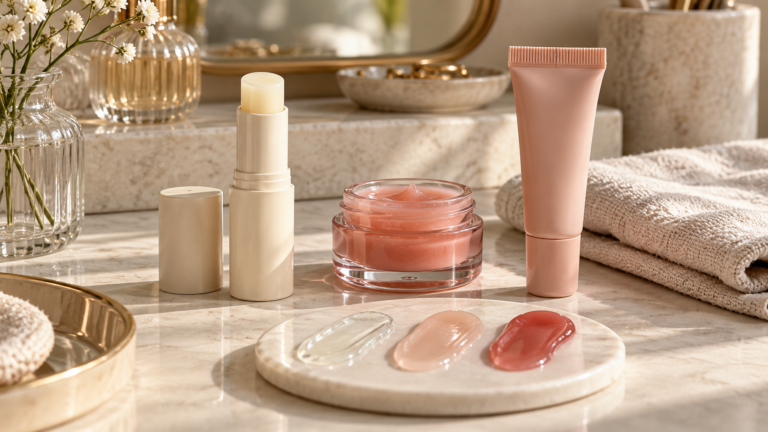 Unbranded comparison of spf lip balm and overnight lip mask on a neutral editorial product display