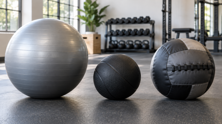 Unbranded comparison of stability ball and medicine ball and wall ball on a neutral editorial product display
