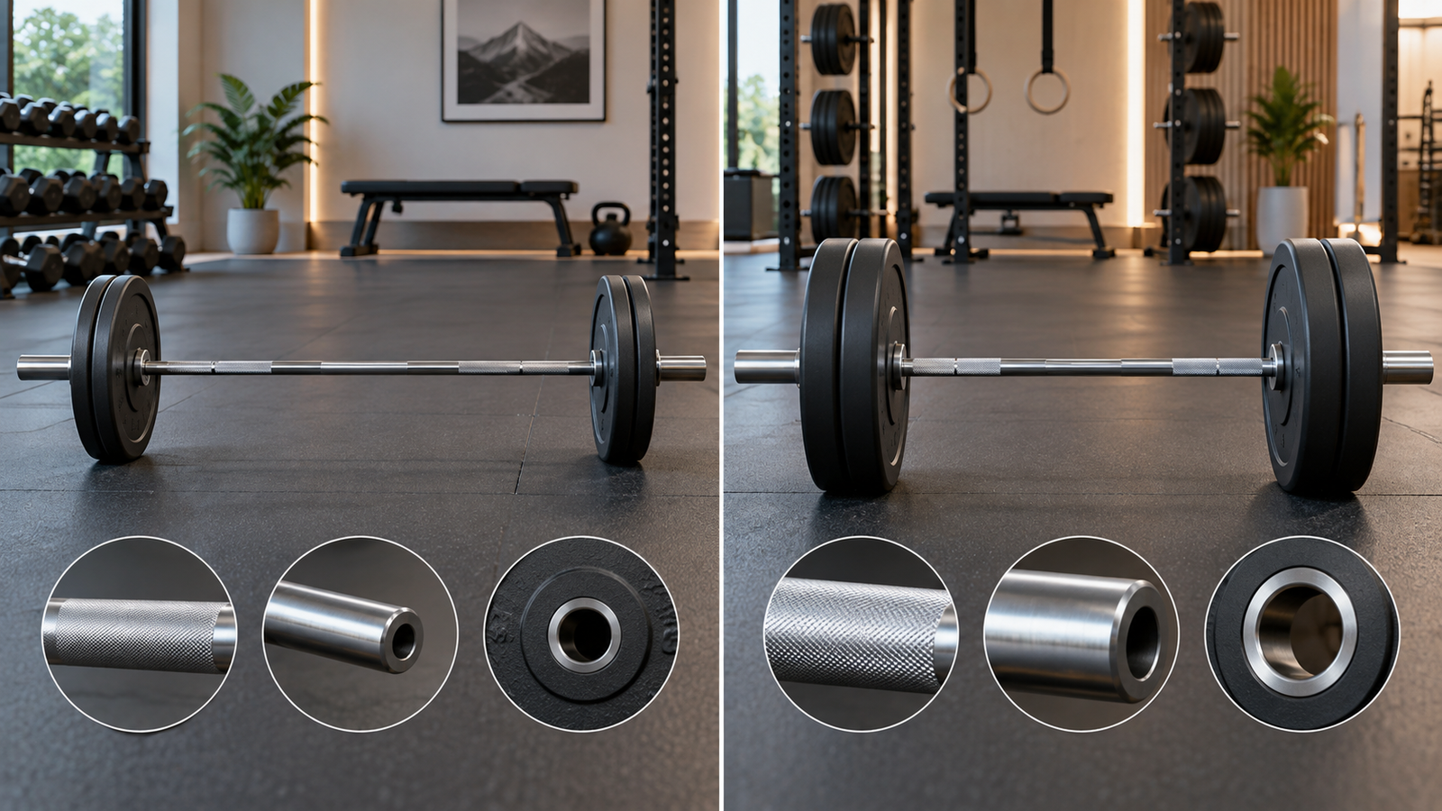 Standard and Olympic barbells with matching weight plates shown side by side in a home gym