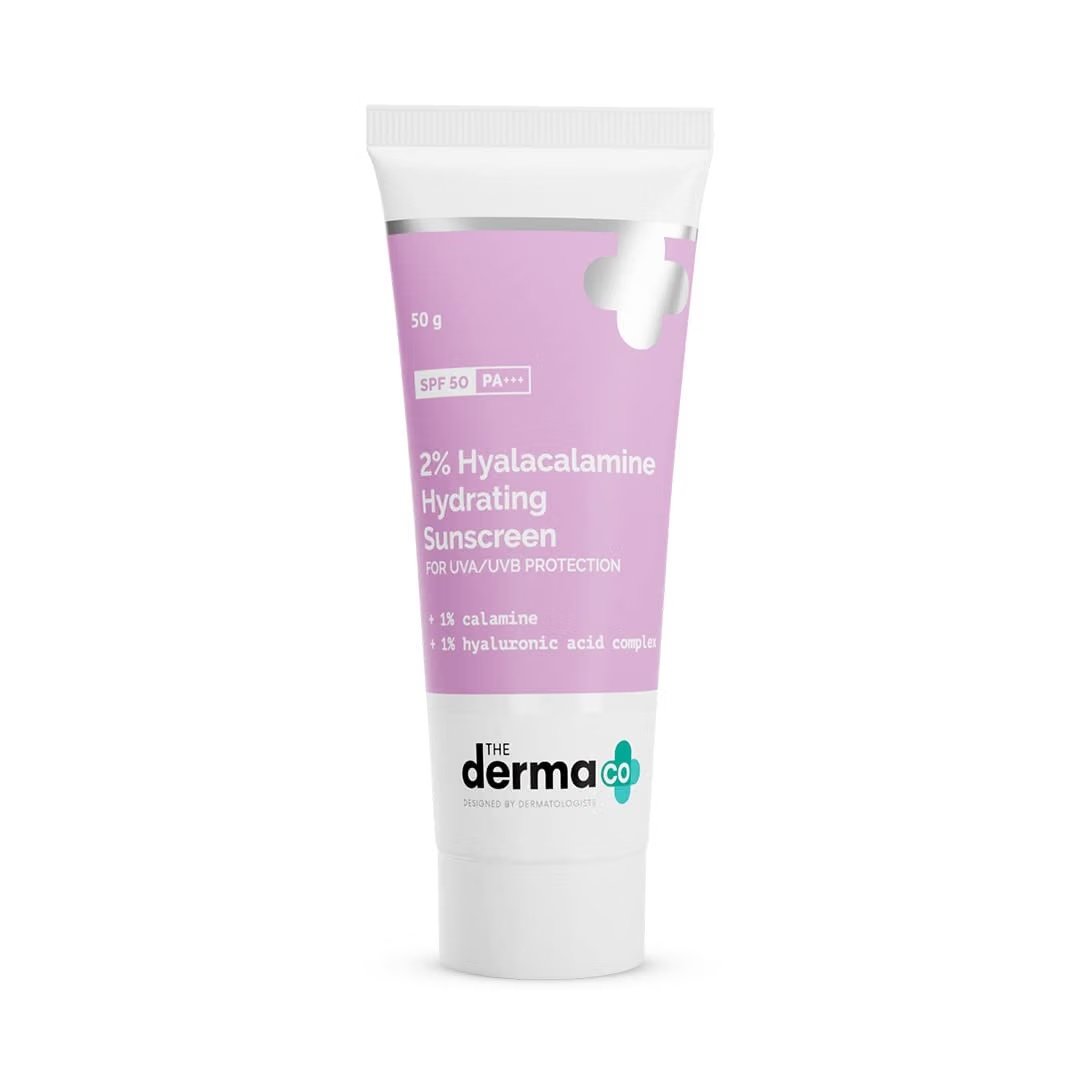 The Derma Co 2% Hyalacalamine Hydrating Sunscreen SPF 50, 50 g product packaging