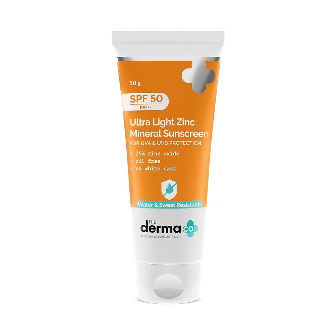 The Derma Co Ultra Light Zinc Mineral Sunscreen SPF 50, 50 g product packaging