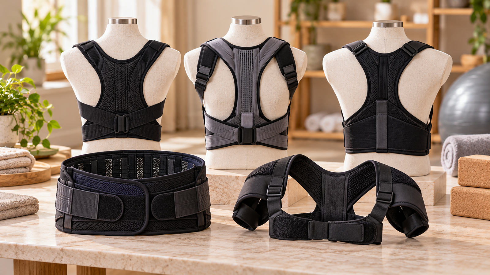 Five unbranded product formats arranged for a adjustable shoulder, lumbar and posture supports in india buying-guide comparison