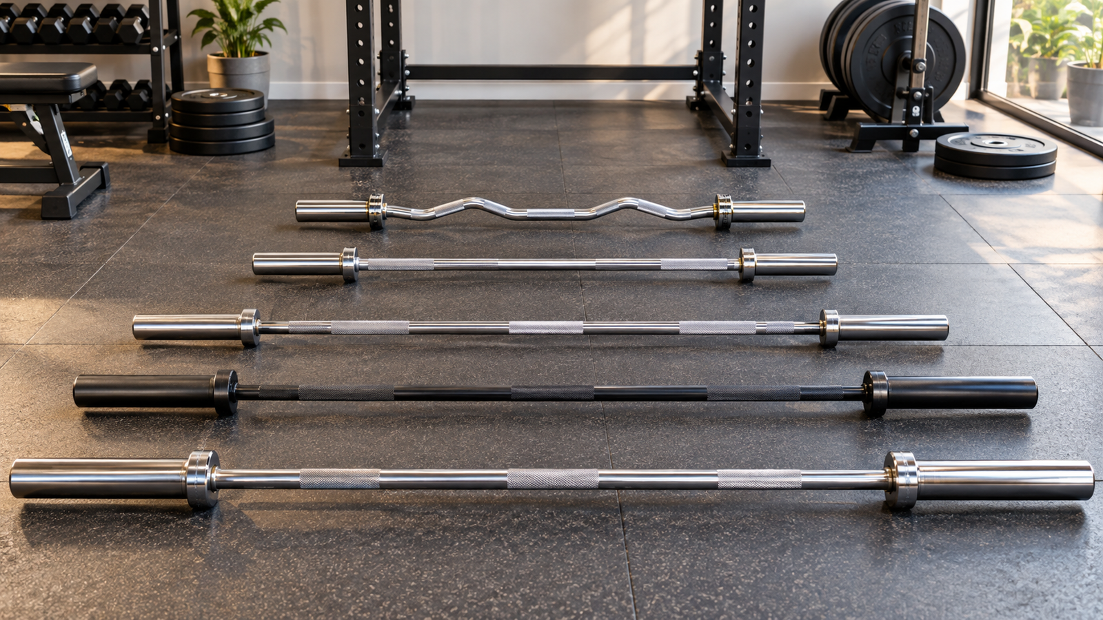 Five unbranded compact, standard and Olympic barbells arranged in a premium home-gym setting